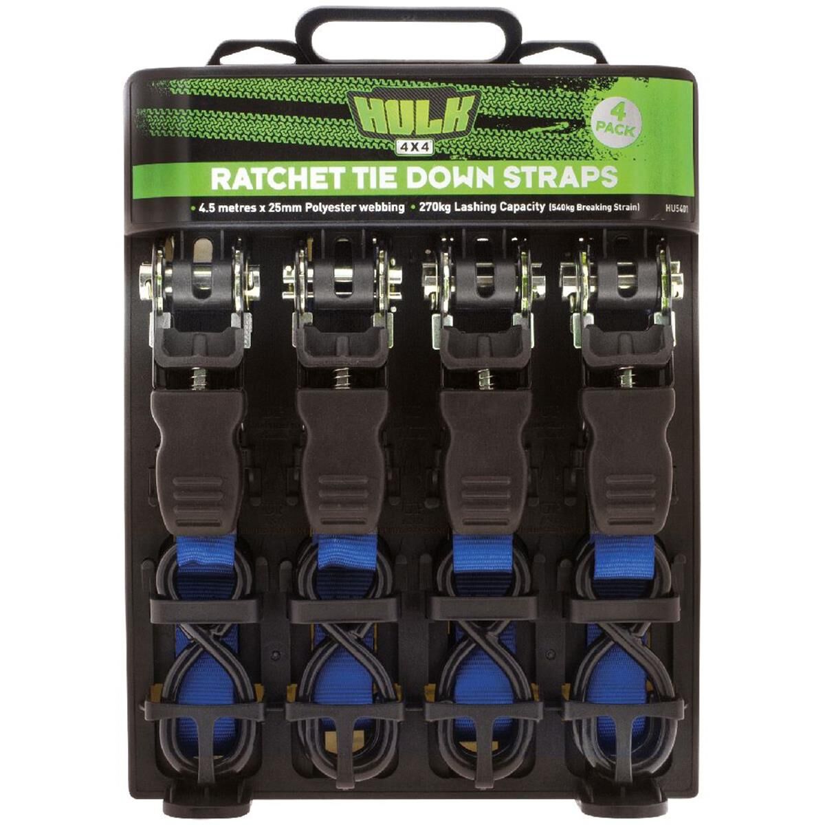 QTY 4 HD RATCHET TIEDOWN 4.5m 270kg LASHING 25mm BLUE  HULK 4x4, , scanz_hi-res