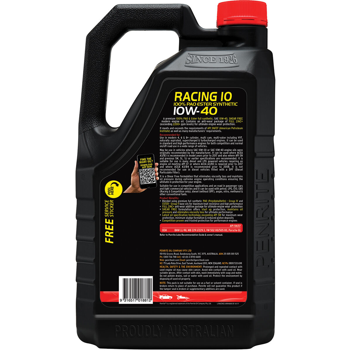 Penrite 10 Tenths Racing 10 10W-40 5 Litre, , scanz_hi-res