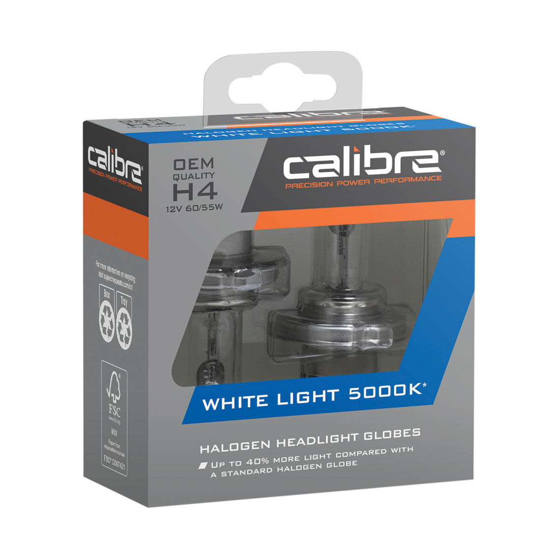Calibre White Light 5000K Headlight Globes - H4, 12V 60/55W, CA5000H4, , scanz_hi-res