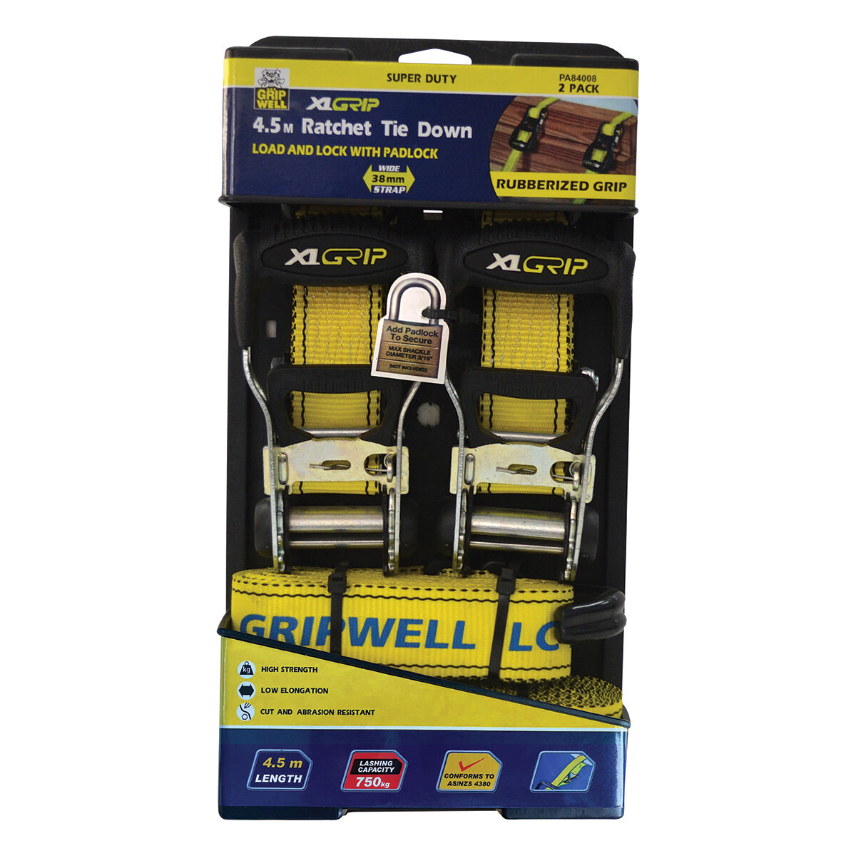 Gripwell Ratchet Tie Down - 4.5m, 750kg, 2 Pack, , scanz_hi-res