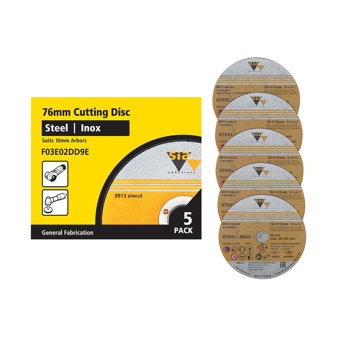 SIA Abrasives Metal Cutting Disc, 8913 Series, 76X1X10mm, Inox/Steel Bonded, 5 Pack, , scanz_hi-res