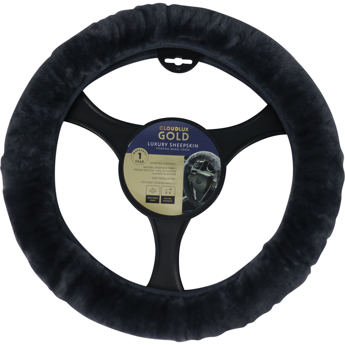 CLOUDLUX Steering Wheel Cover - Sheepskin, Charcoal, 380mm diameter, , scanz_hi-res