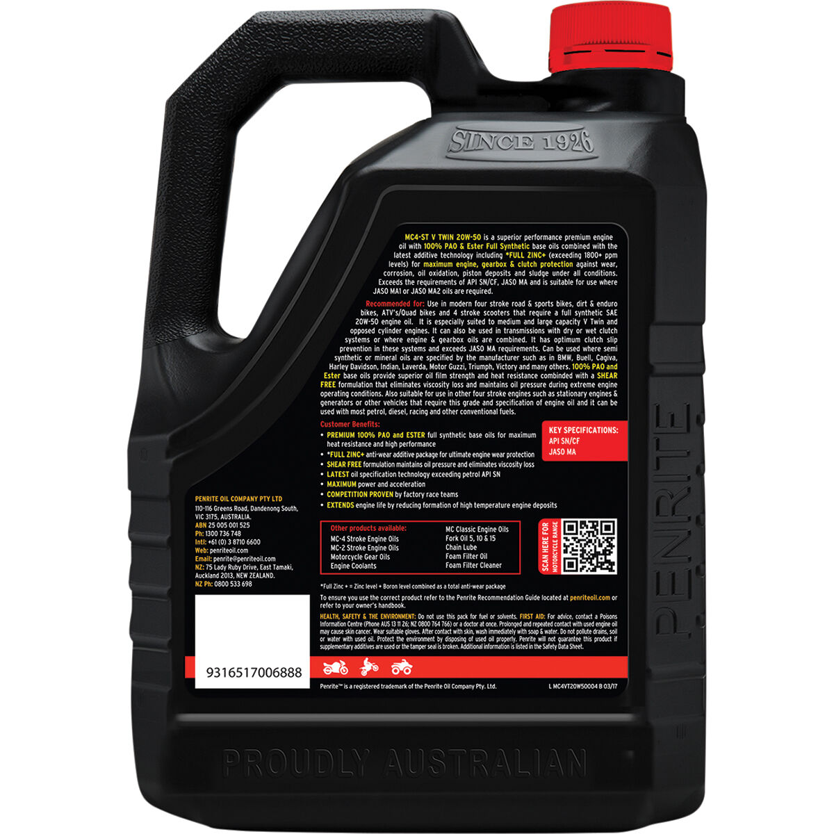 Penrite MC-4 V Twin Motorcycle Oil - 20W-50, 4 Litre, , scanz_hi-res