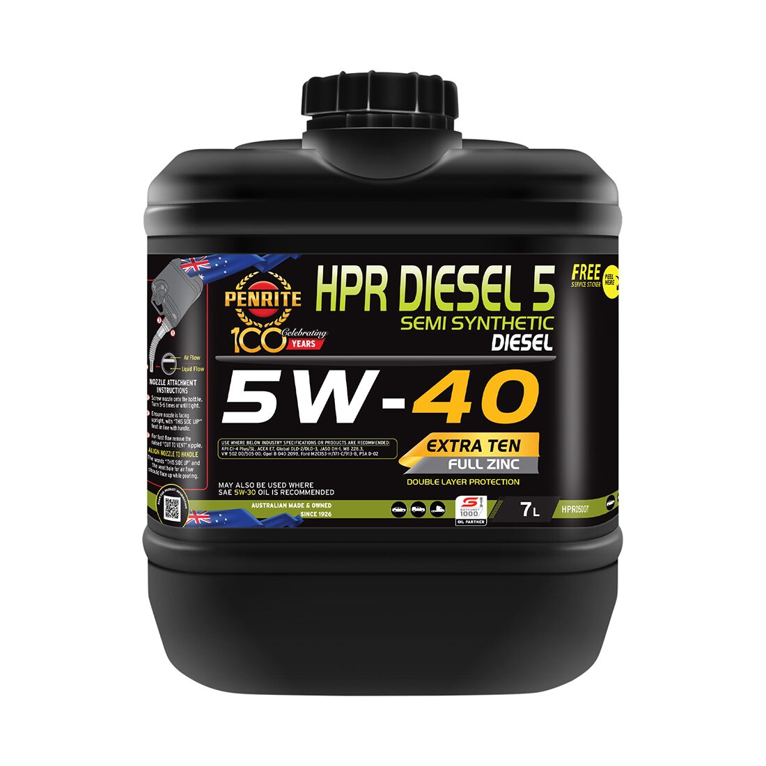 Penrite HPR Diesel 5 Engine Oil - 5W-40, 7 Litre, , scanz_hi-res
