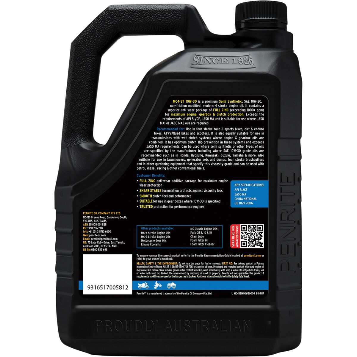 Penrite MC-4 Semi Synthetic Motorcycle Oil - 10W-30, 4 Litre, , scanz_hi-res