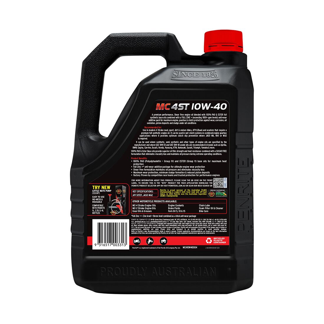 Penrite MC-4 PAO Ester Motorcycle Oil - 10W-40, 4 Litre, , scanz_hi-res