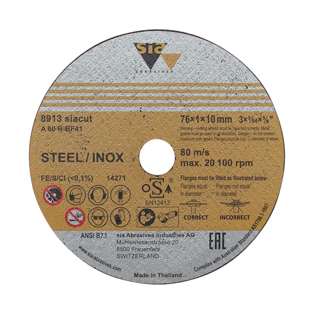 SIA Abrasives Metal Cutting Disc, 8913 Series, 76X1X10mm, Inox/Steel Bonded, 5 Pack, , scanz_hi-res