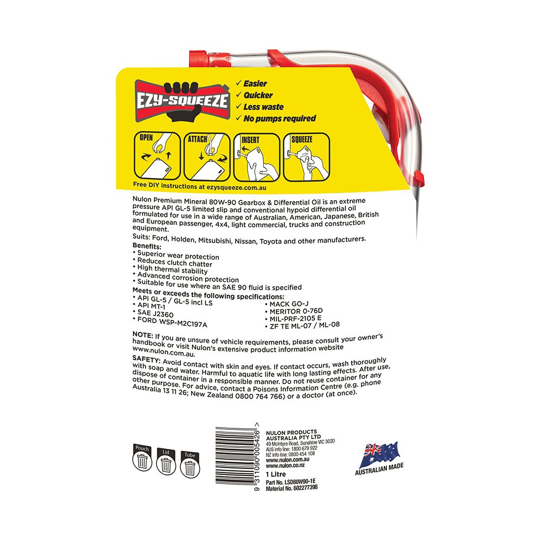 NULON EZY-SQUEEZE Gearbox & Differential Oil - 80W-90, 1 Litre, , scanz_hi-res