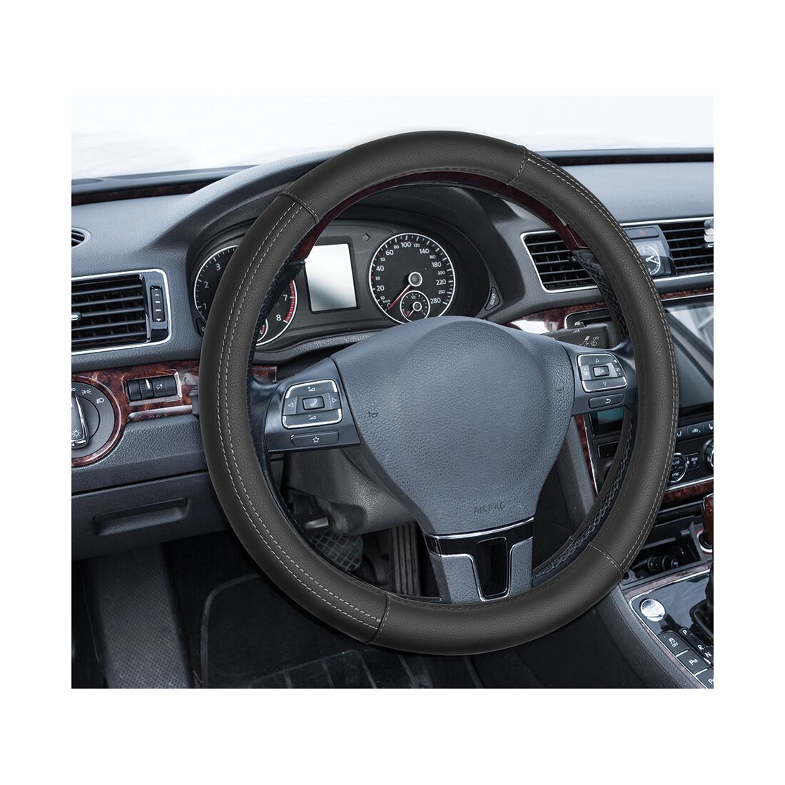 SCA Leather Look Steering Wheel Cover Black & Grey Stitch, , scanz_hi-res