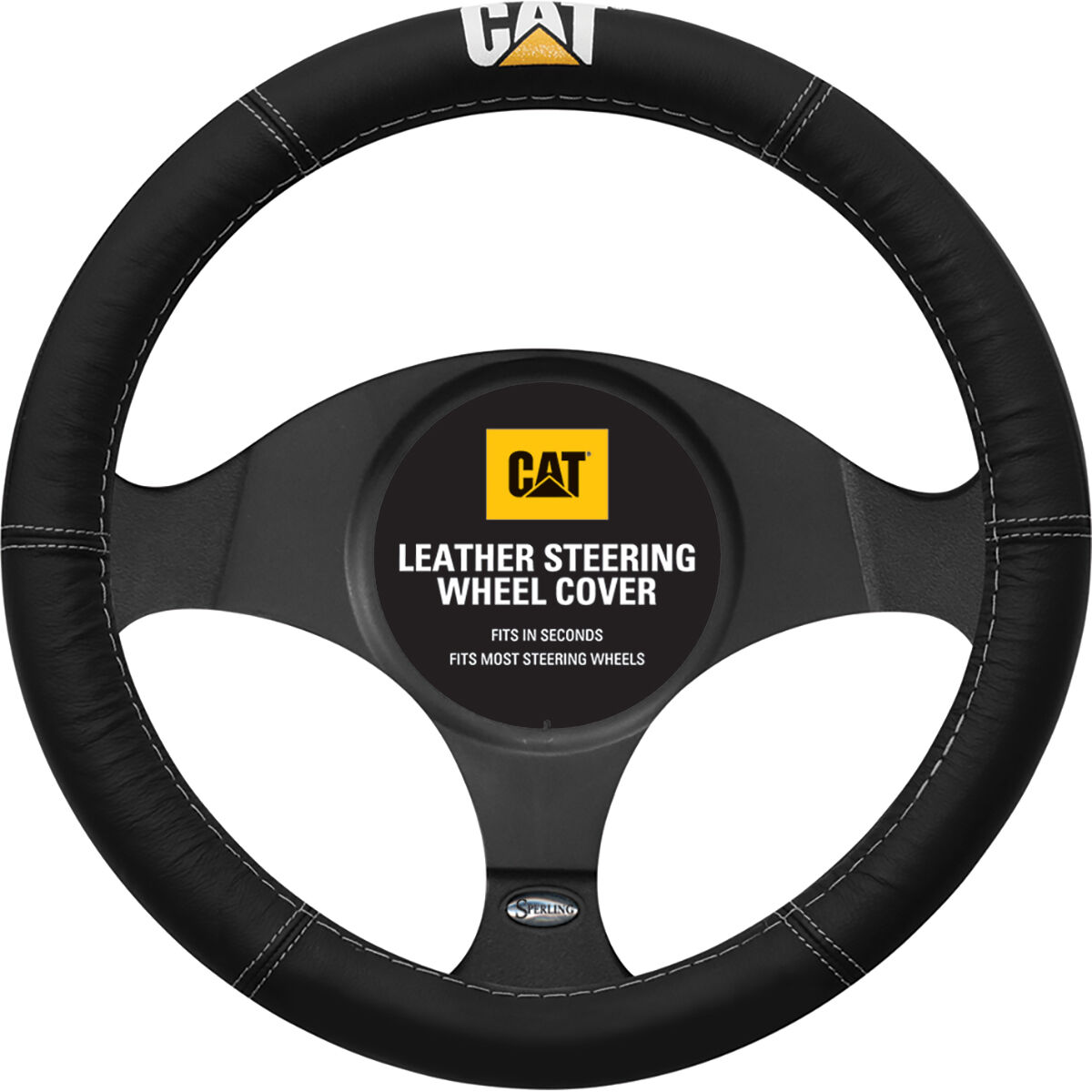 CAT Steering Wheel Cover Leather Black 380mm Diameter, , scanz_hi-res