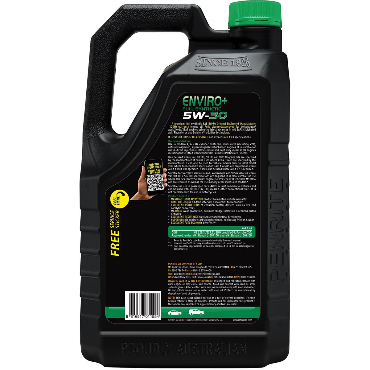 Penrite Enviro+ Engine Oil - 5W-30 5 Litre, , scanz_hi-res