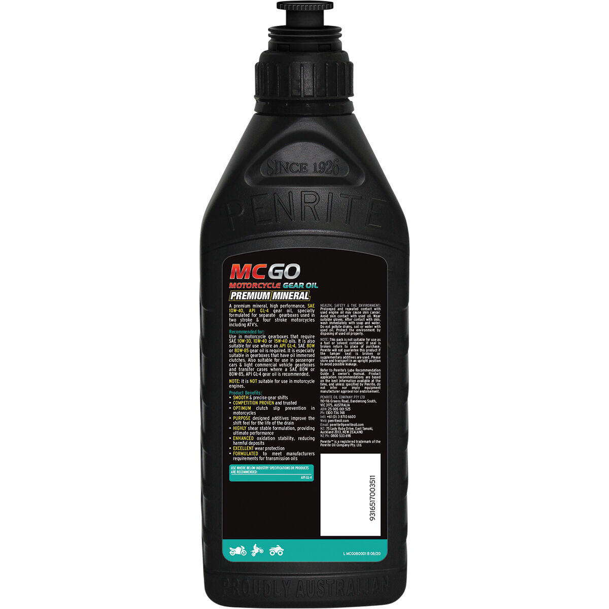Penrite 10W-40 Motorcycle Gear Oil - 1 Litre, , scanz_hi-res