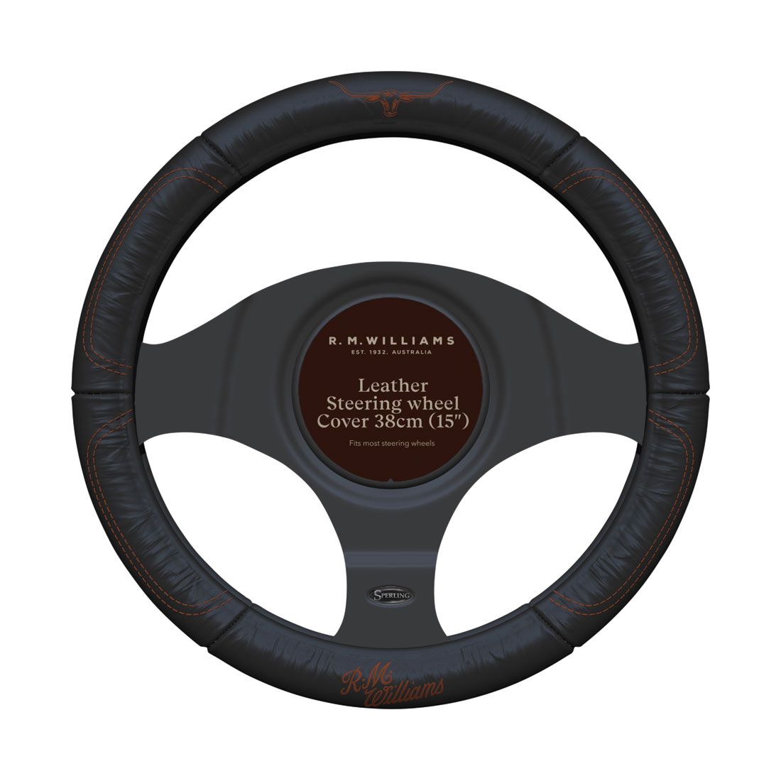 R.M.Williams Tan Leather Steering Wheel Cover, Black/Tan, 380mm, , scanz_hi-res