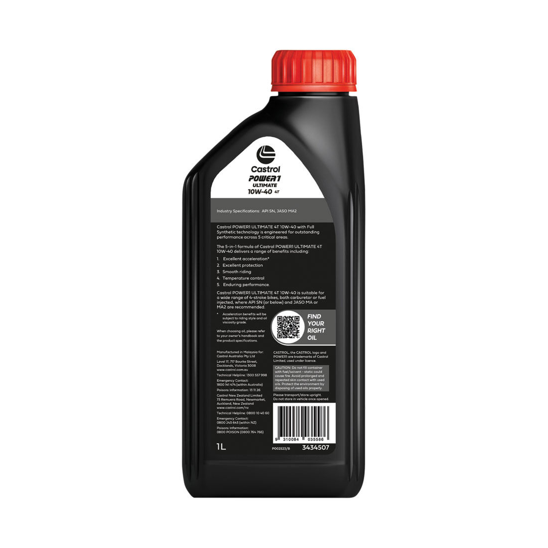 Castrol POWER 1 ULTIMATE 4T Motorcycle Oil 10W-40 1 Litre, , scanz_hi-res