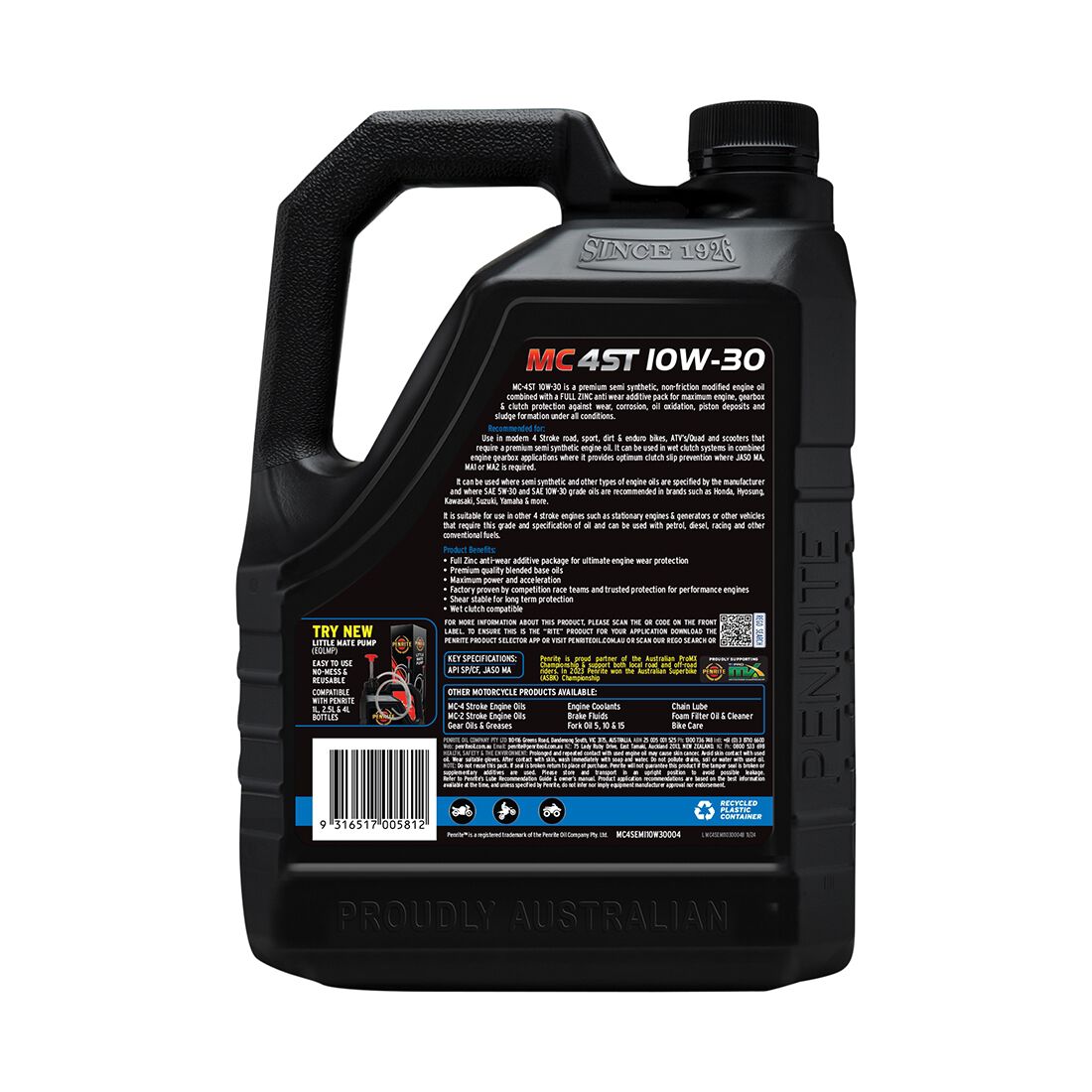 Penrite MC-4 Semi Synthetic Motorcycle Oil - 10W-30, 4 Litre, , scanz_hi-res