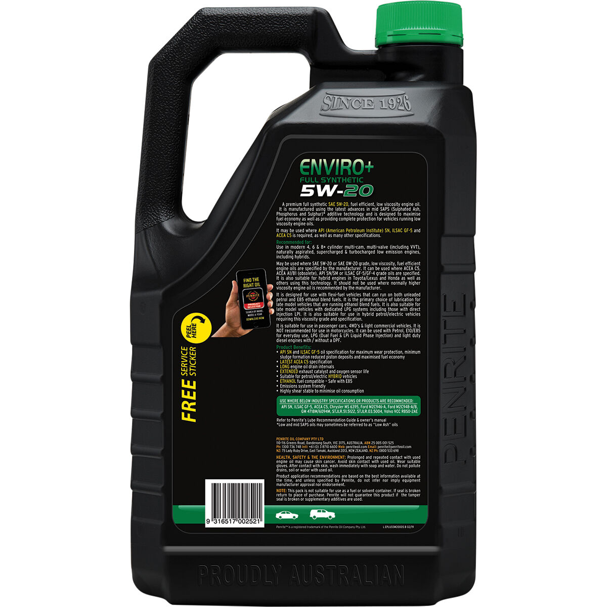 Penrite Enviro+ Engine Oil 5W-20 5 Litre, , scanz_hi-res