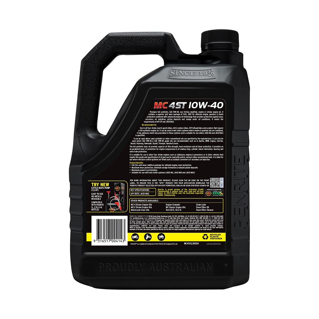 Penrite MC-4 Synthetic Motorcycle Oil - 10W-40 , 4 Litre, , scanz_hi-res