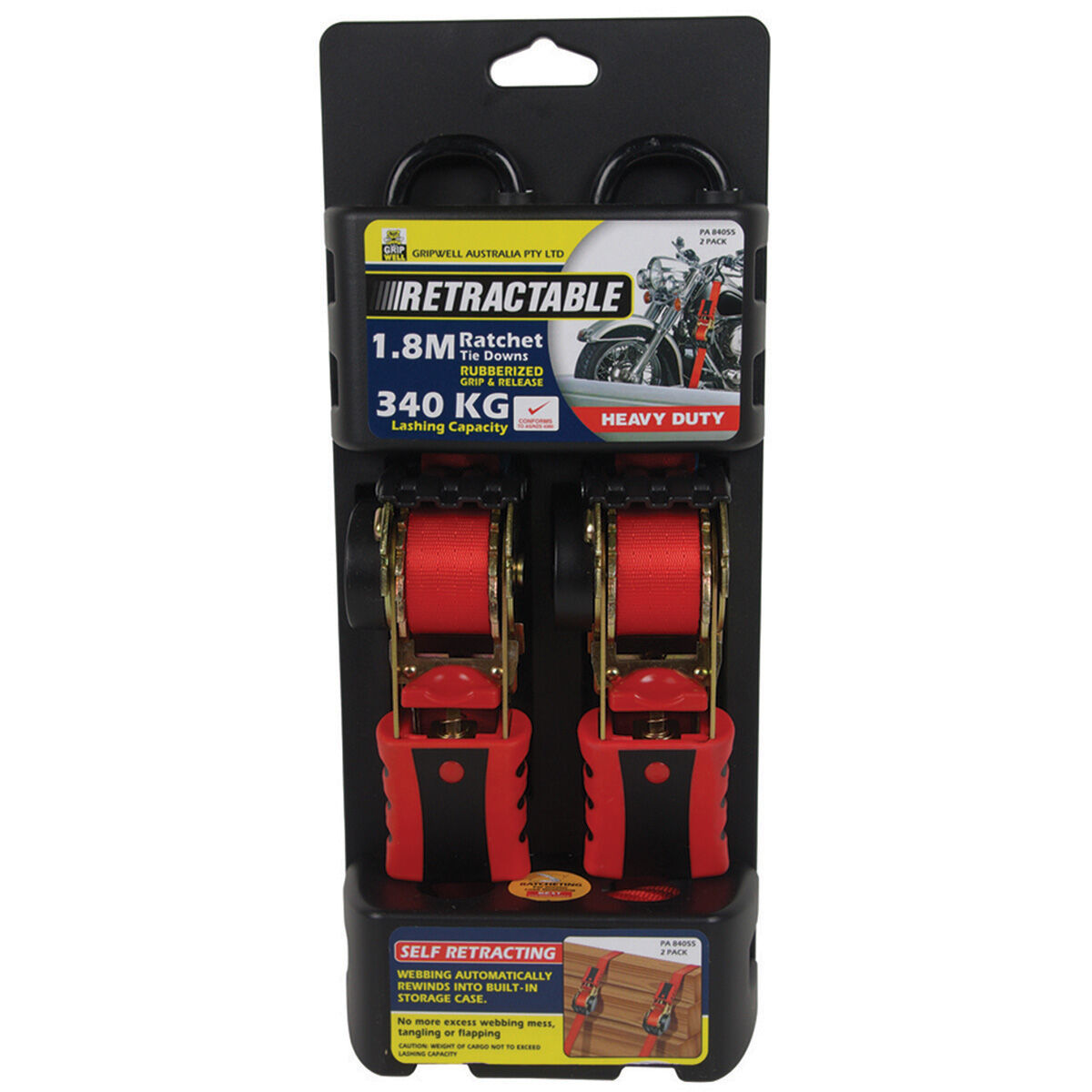 Gripwell Ratchet Tie Down - Retractable, 1.8m, 340kg, 2 Pack, , scanz_hi-res