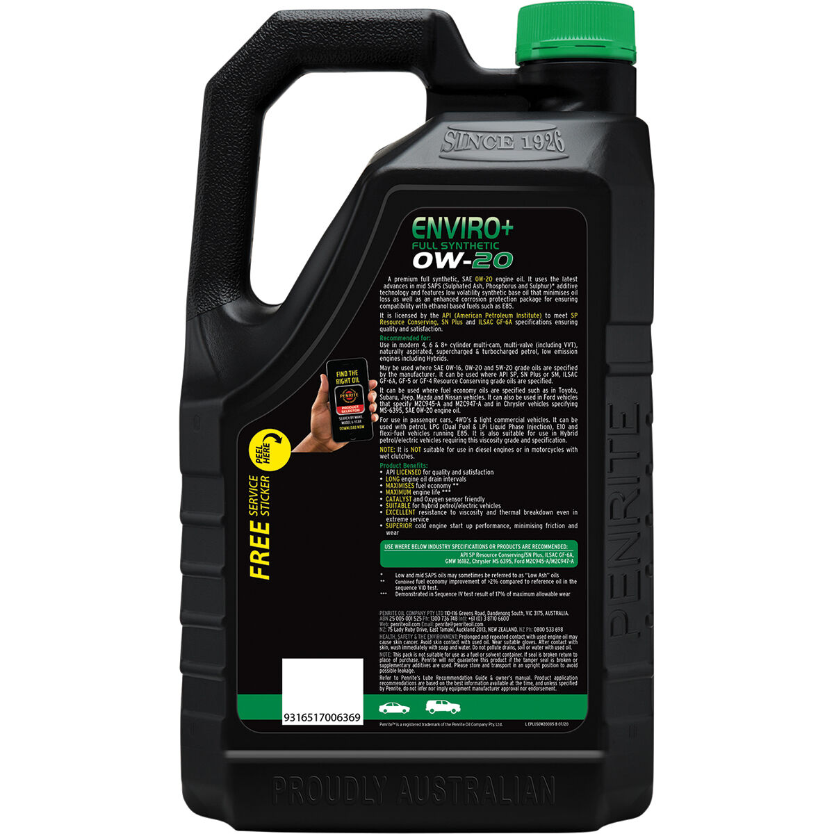 Penrite Enviro+ Engine Oil - 0W-20 5 Litre, , scanz_hi-res