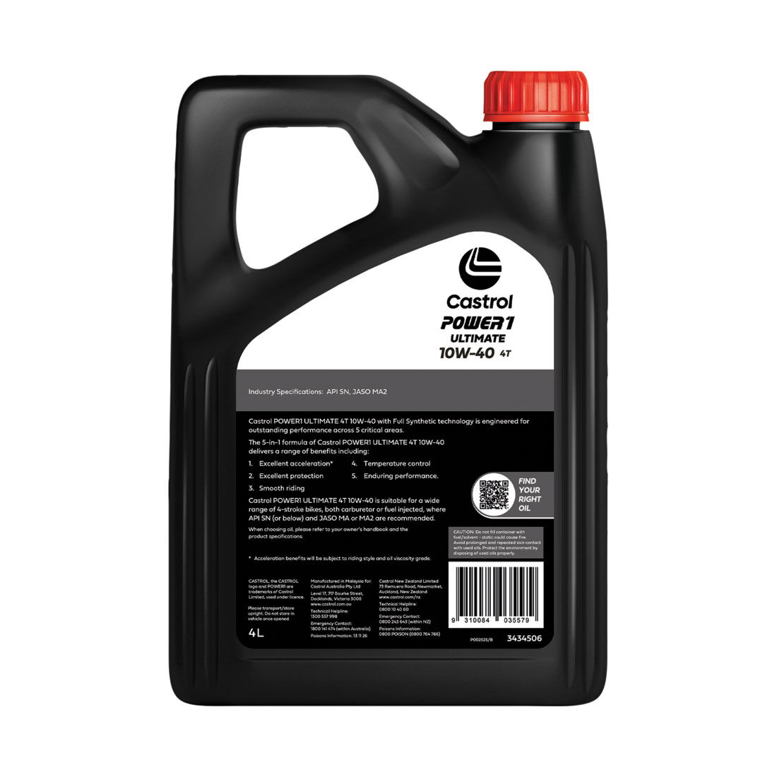 Castrol POWER 1 ULTIMATE 4T Motorcycle Oil 10W-40 4 Litre, , scanz_hi-res