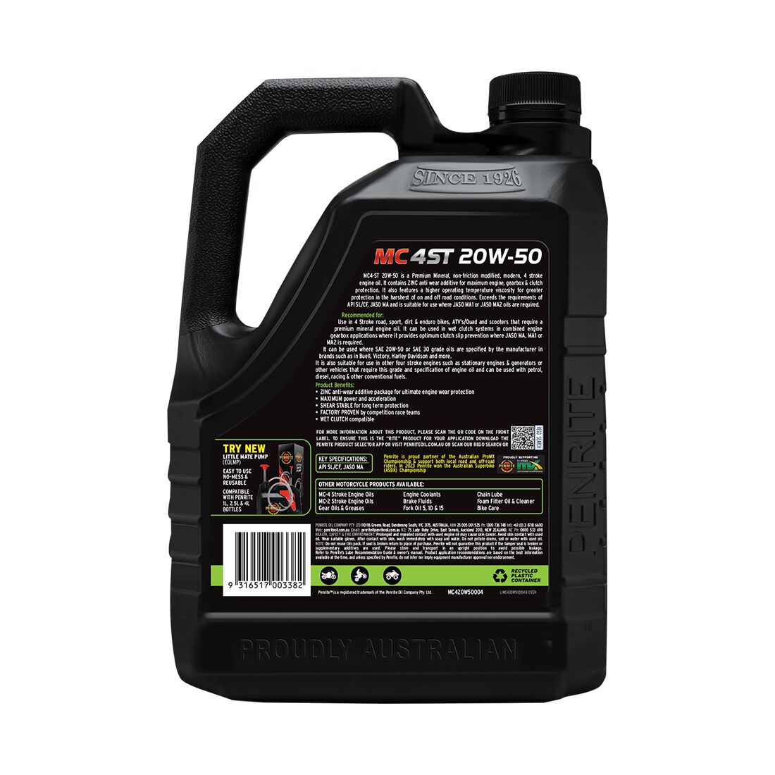 Penrite MC-4 Motorcycle Oil - 20W-50, 4 Litre, , scanz_hi-res