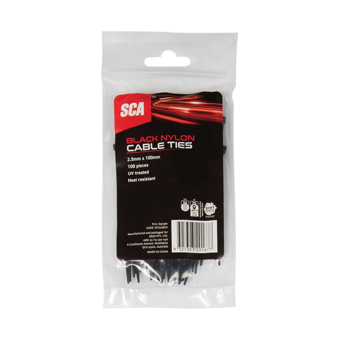 SCA Cable Ties 2.5mm X 100mm, Pack of 100, Black, , scanz_hi-res