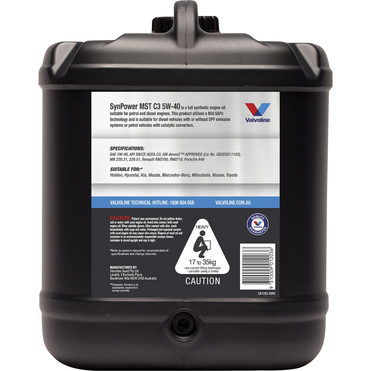 Valvoline Synpower MST C3 Engine Oil 5W-40 20 Litre, , scanz_hi-res