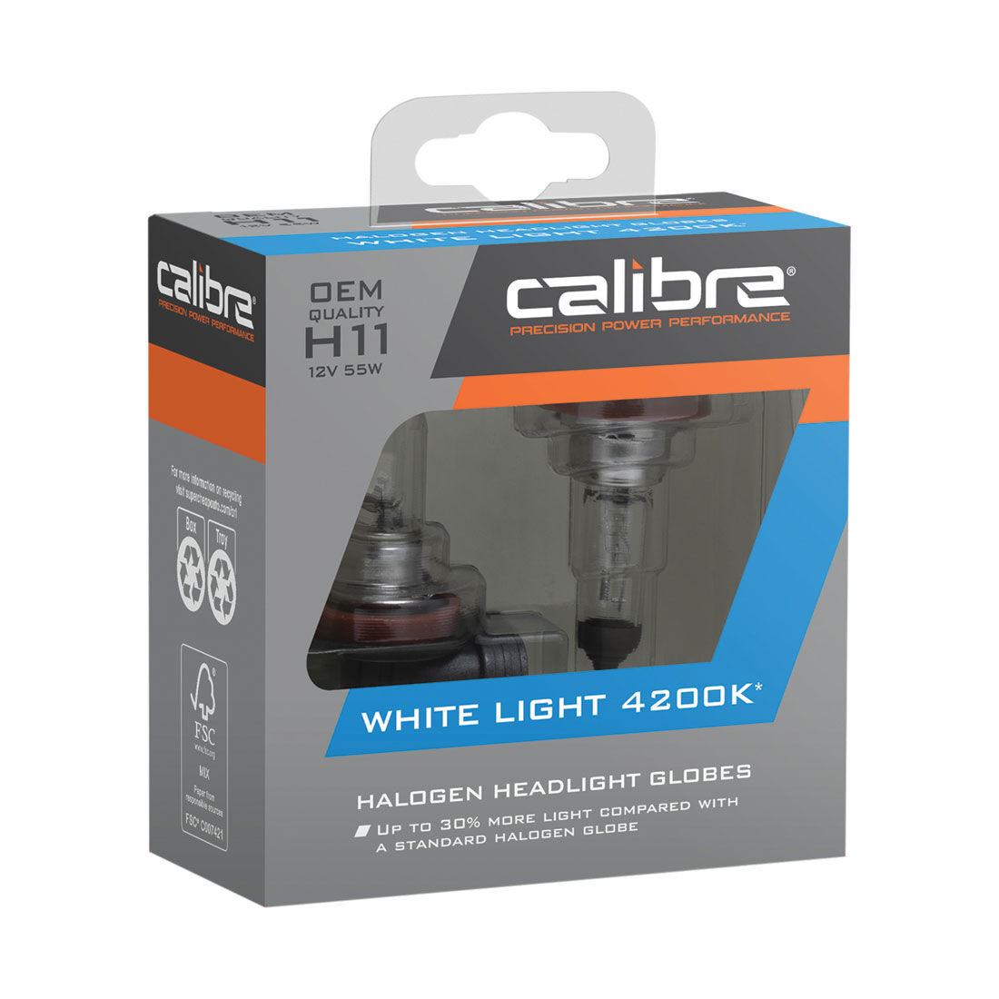 Calibre White Light 4200K Headlight Globes - H11, 12V 55W, CA4200H11, , scanz_hi-res