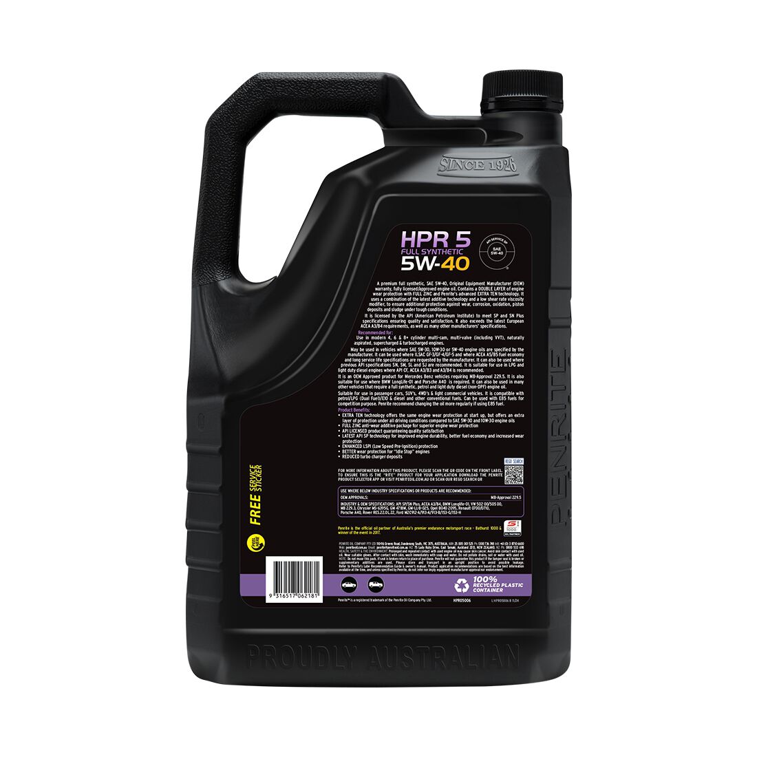 Penrite HPR 5 Engine Oil - 5W-40, 6 Litre, , scanz_hi-res