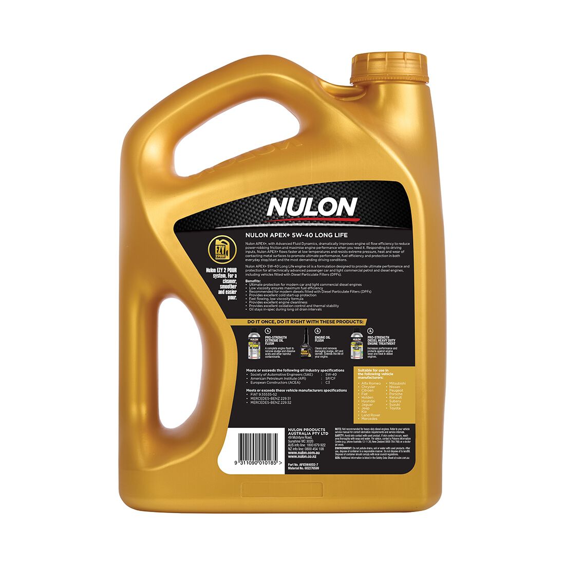 Nulon Full Synthetic Apex+ Long Life Engine Oil 5W-40 7 Litre, , scanz_hi-res